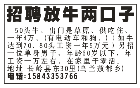 招聘放牛两口子