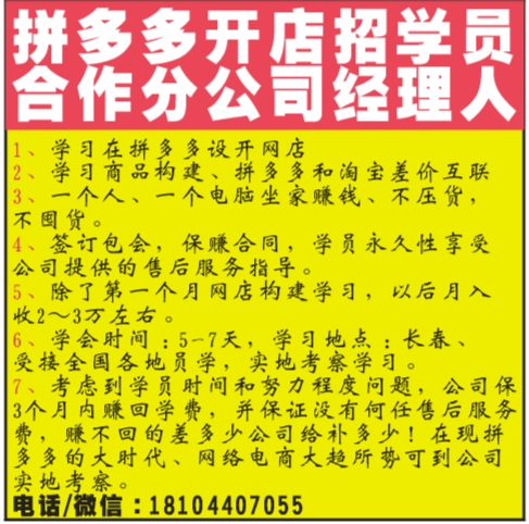 拼多多开店招学员，合作分公司经理人
