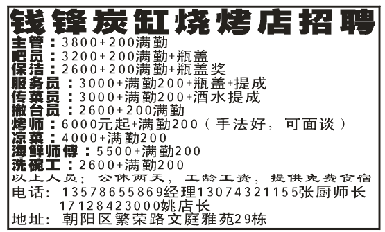 钱锋炭缸烧烤店招聘