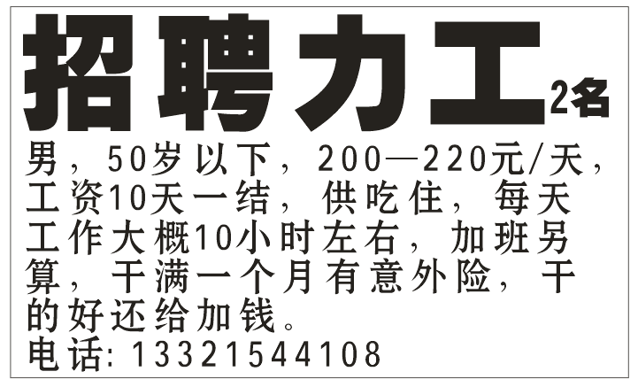 招聘力工2名