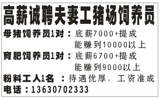 高薪诚聘 夫妻工 猪场饲养员