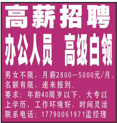 高薪招聘 办公人员